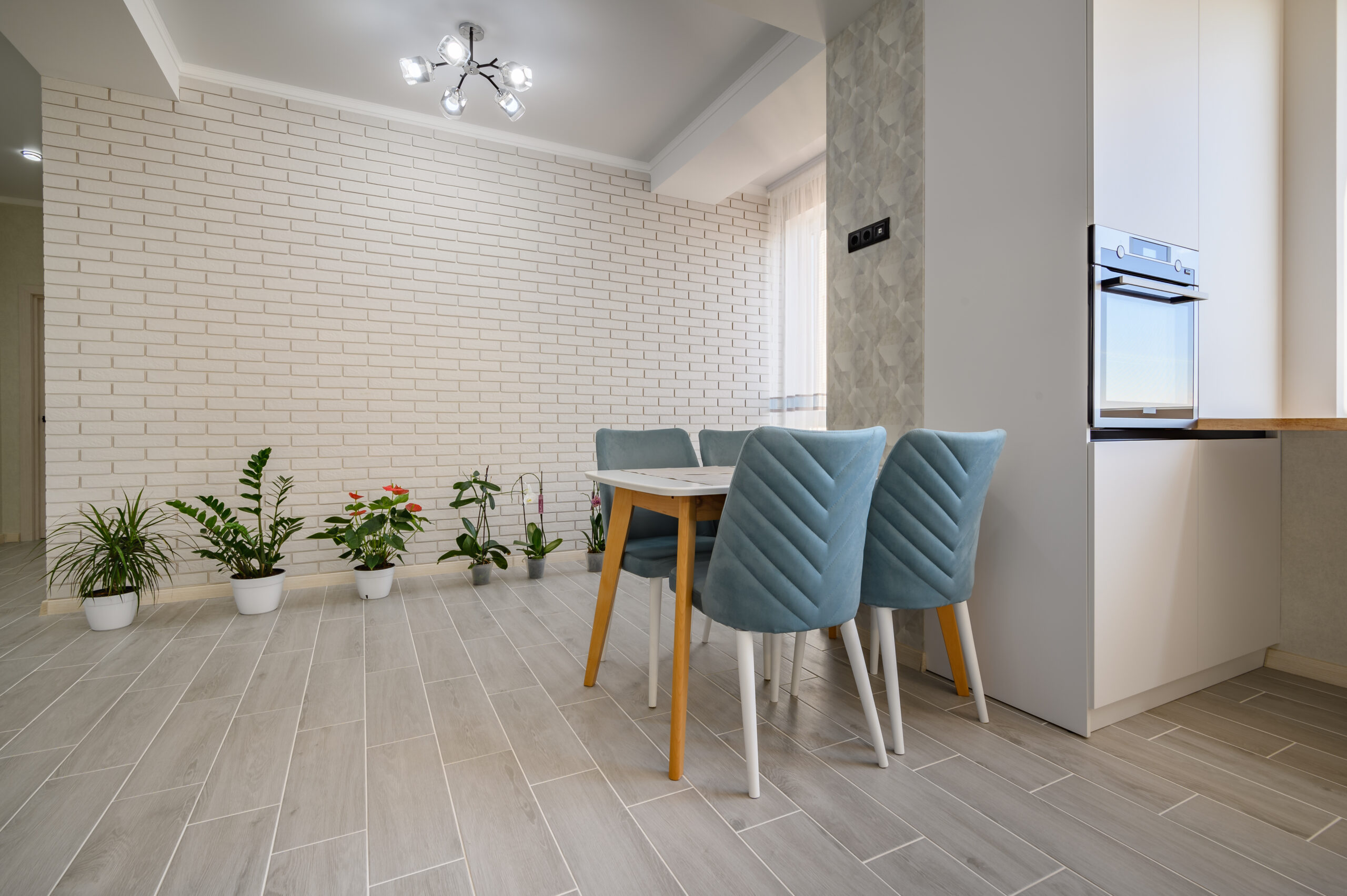 A modern white studio apartment with a dining table and row of green plants